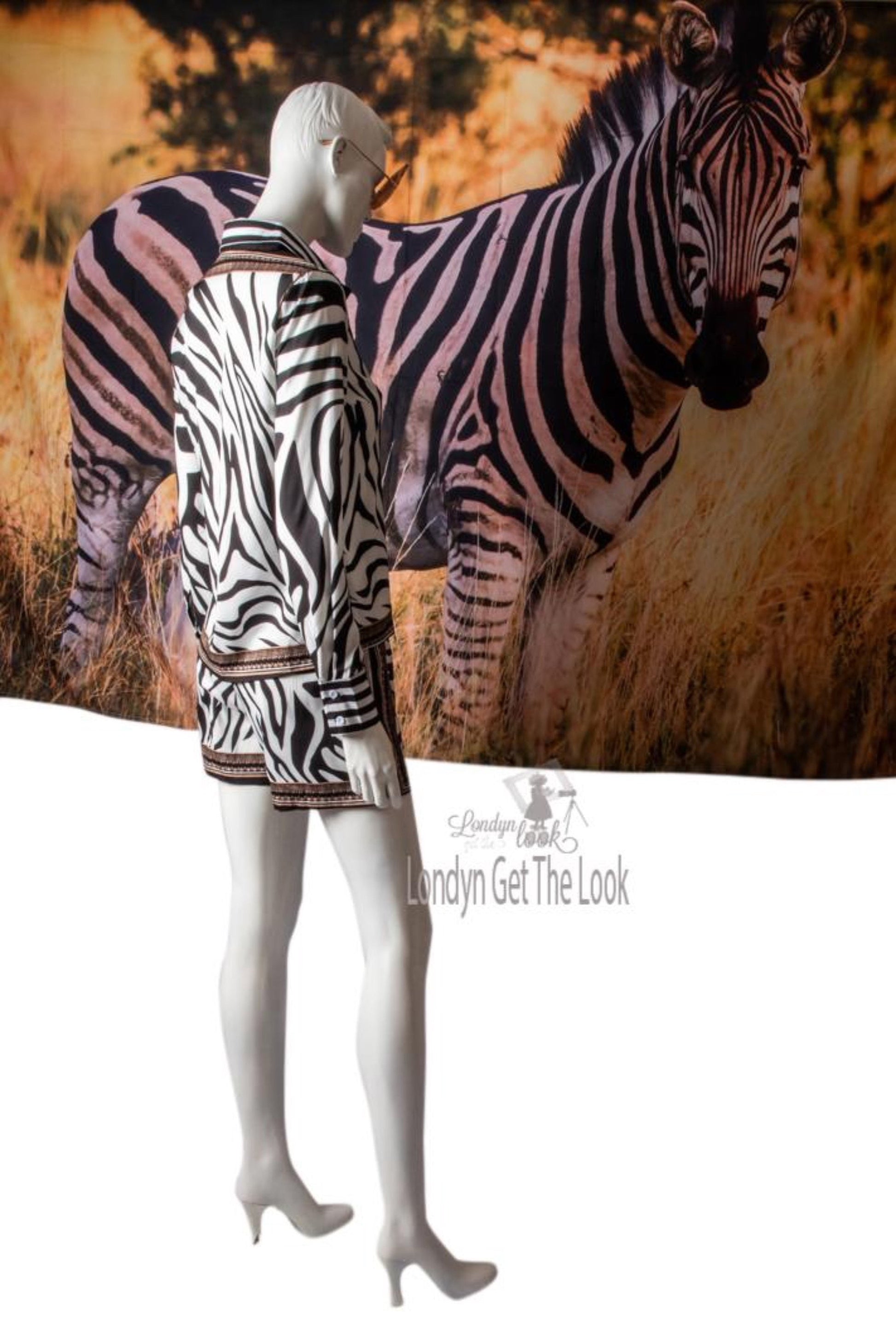 Zebra Print Buttoned Shirt & Zipper Short Sets long sleeve with brown/gold border v-neck turn-down collar paired with a matching shorts Very chic and sexy above knee mini shorts and side pocket 