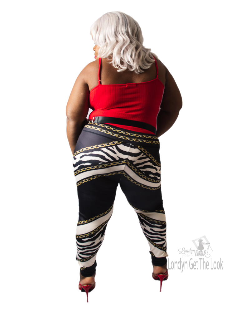 animal print classy & curvy zebra prints matching tracksuit set chain print details front zipper closure plus size long sleeve collar v-neck stretchy form fitting bodycon 