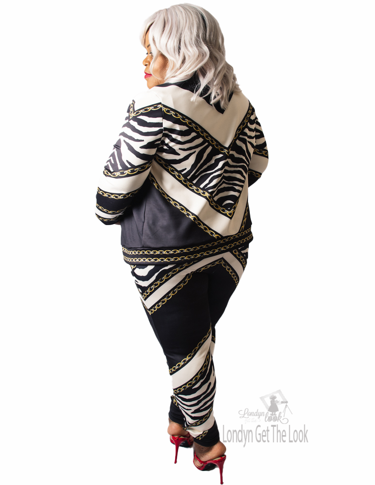 animal print classy & curvy zebra prints matching tracksuit set chain print details front zipper closure plus size long sleeve collar v-neck stretchy form fitting bodycon 