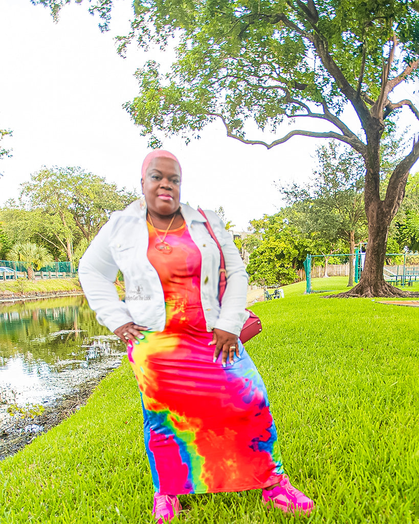 Our Candy Girl Tie-Dye Dress is amazing!  Straight ankle length, tank top detail featuring a u neckline, gorgeous multi color, has stretch the fabric hugs your curves, can be dressed up with heels or dress down with a denim Jacket and sneakers, can also accessories with jewelry and a small over the shoulder bag 