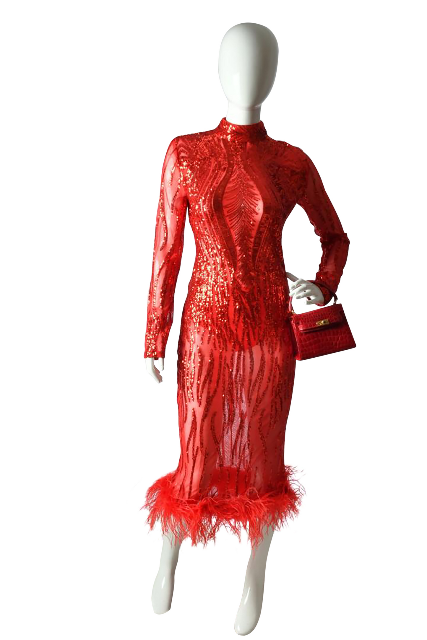 Midi Dress Long Sleeve Sequence  Feather Bottom Round Neckline ﻿Panti Lining Red Color