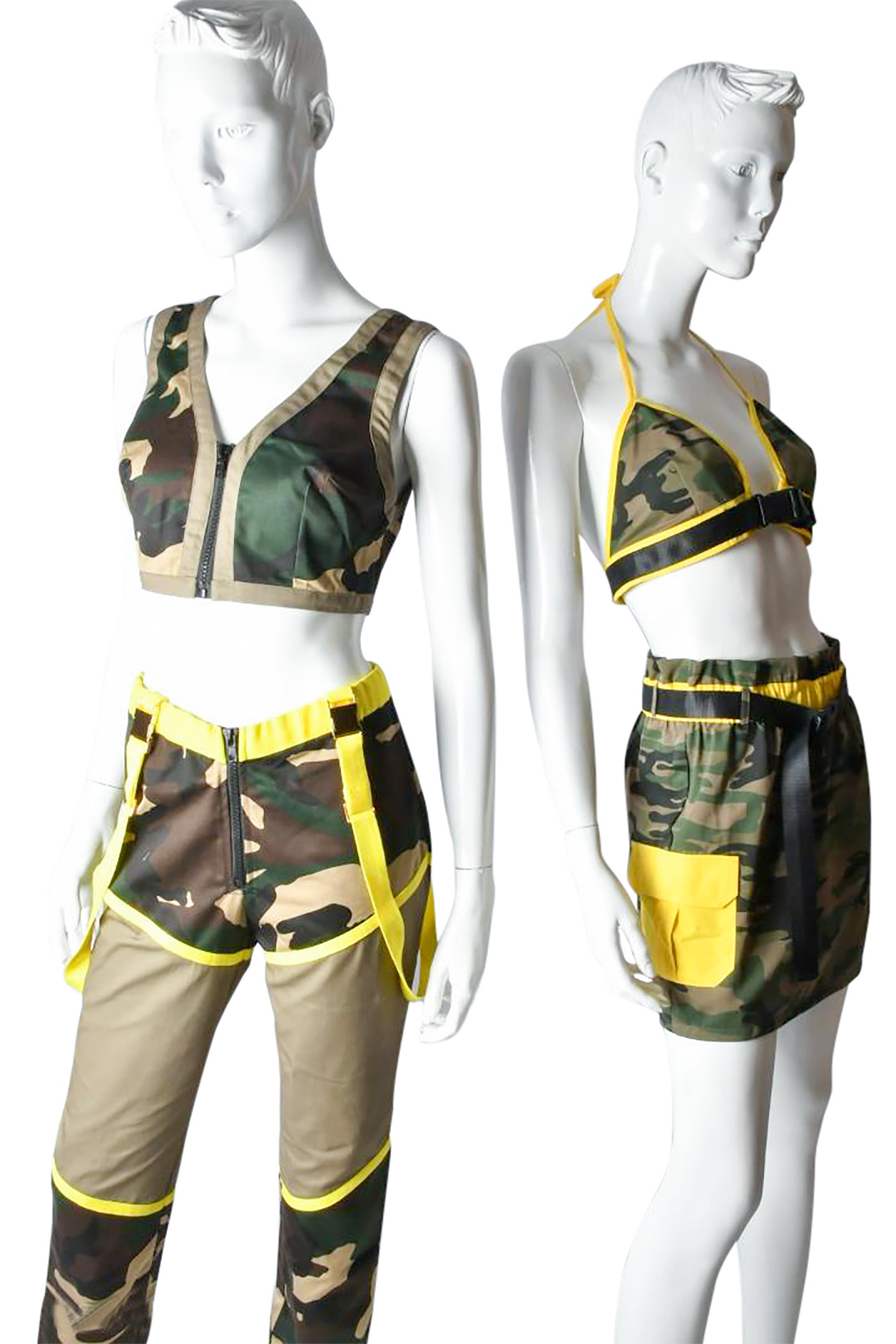 Camo Matching Set Halter Top Mini Skirt W/Side Neon Yellow Pocket  Neon Yellow Belt