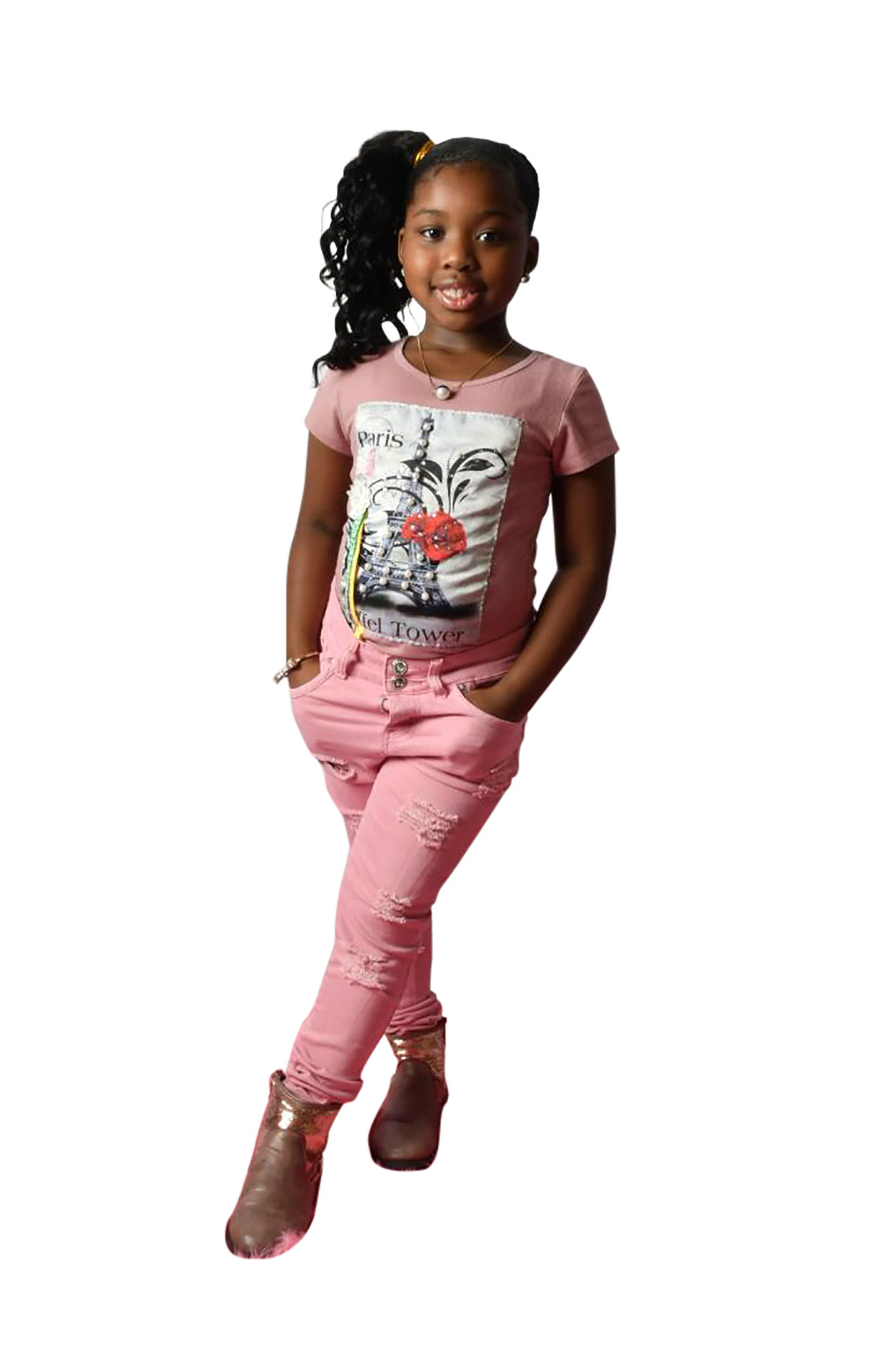Bulk Stretch, Denim Jeans, Straight Leg, Distress Roll-Up, 2 Button, Zip Front Blush Pink