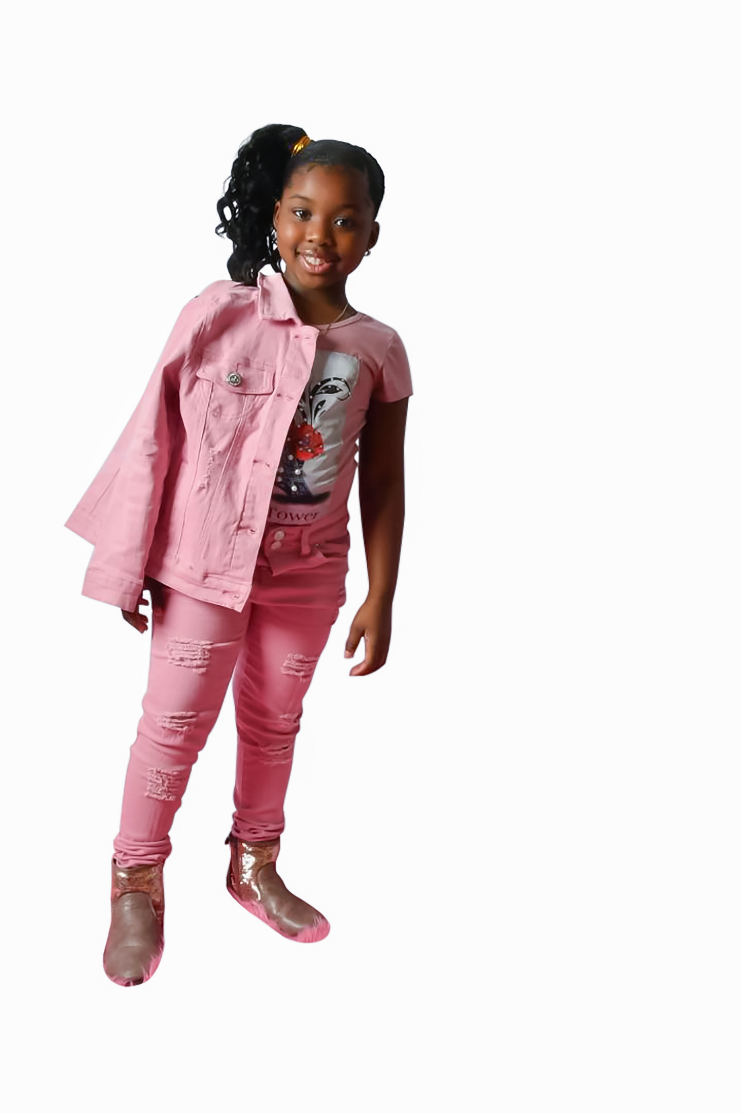 Basic Wash Bulk Denim Jacket, Front Button Closure, Chest Pockets w/Flap, Stretch, Collar Blush Pink