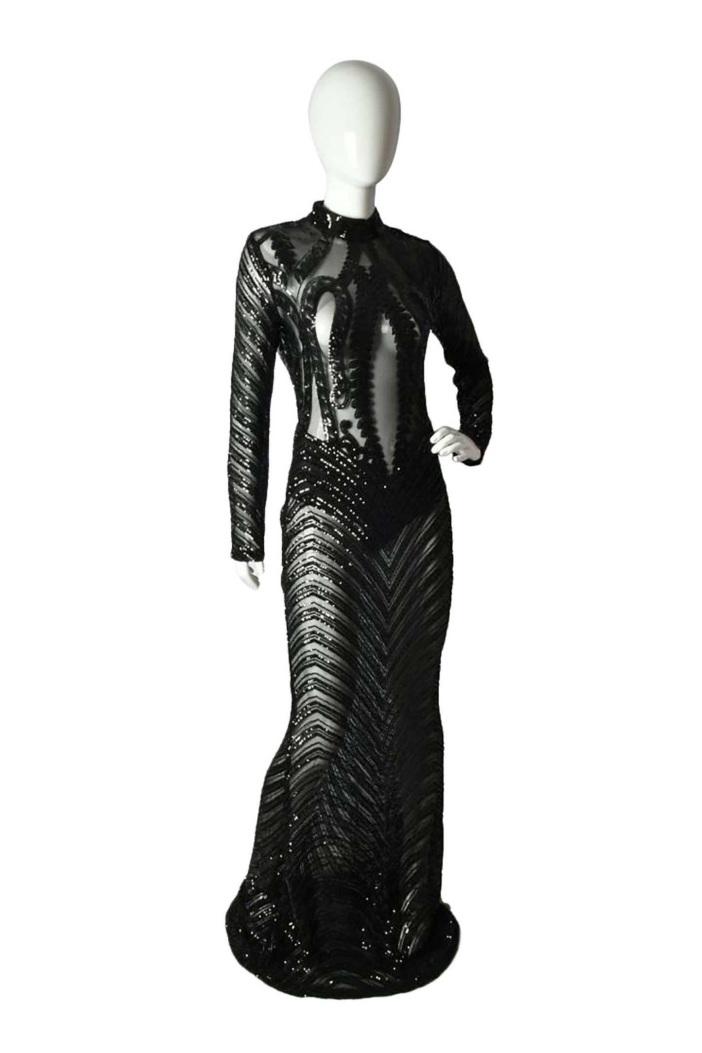 Sequin Long Dress ﻿Chocker Neck Long Sleeve Open Back Black Gown