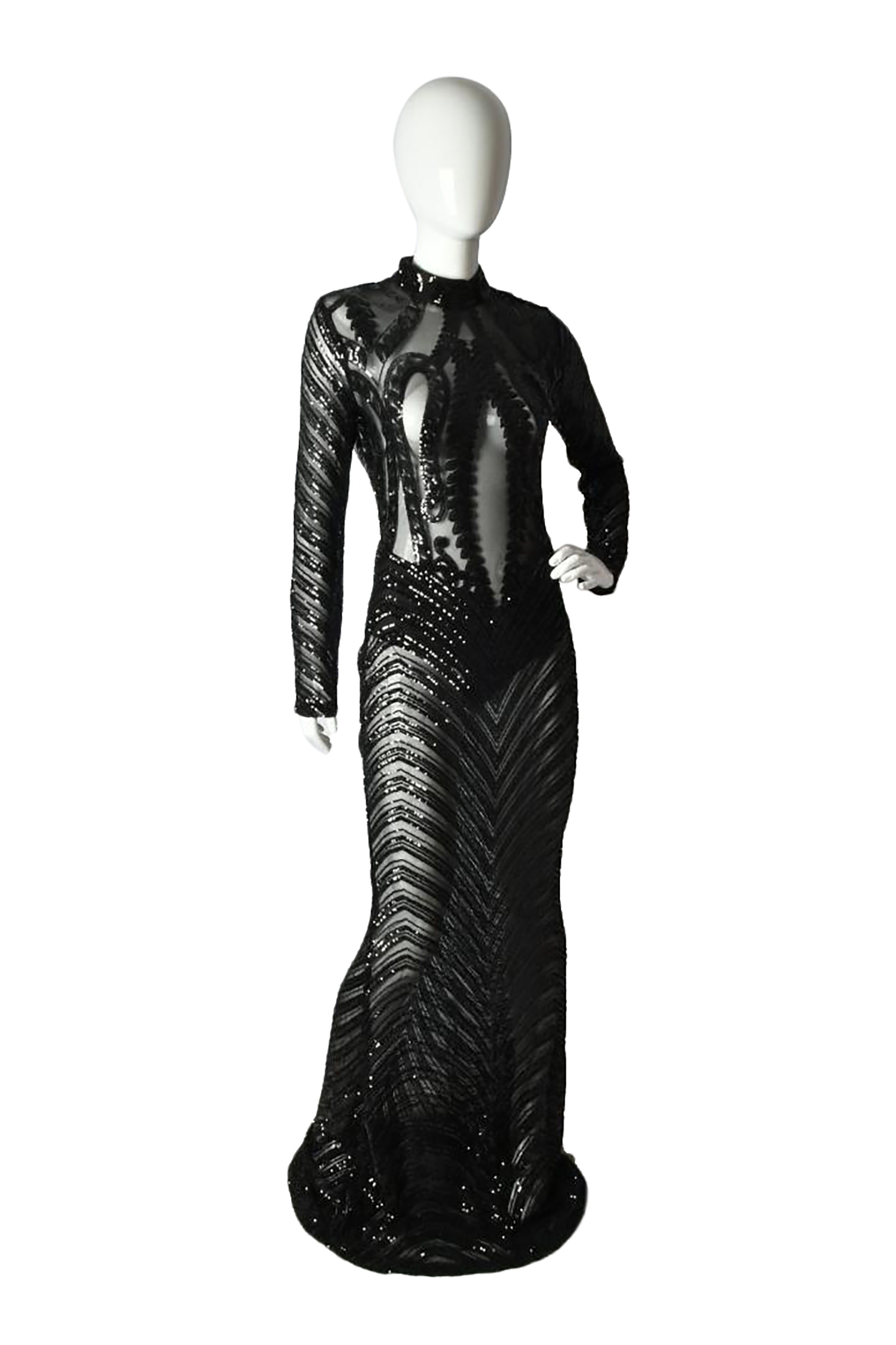 Sequin Long Dress ﻿Chocker Neck Long Sleeve Open Back Black Gown