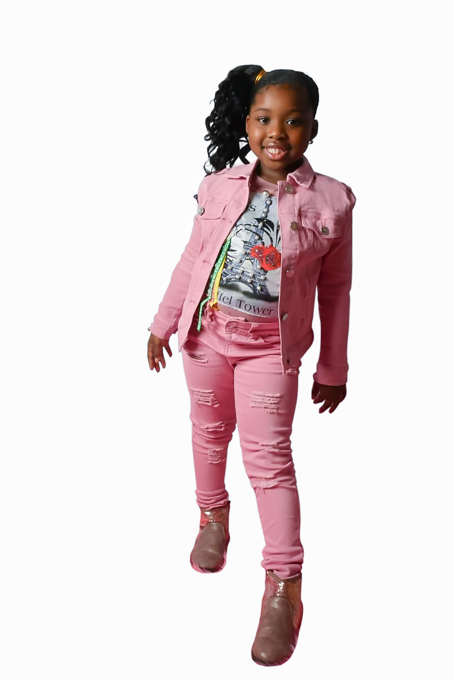 Basic Wash Bulk Denim Jacket, Front Button Closure, Chest Pockets w/Flap, Stretch, Collar Blush Pink