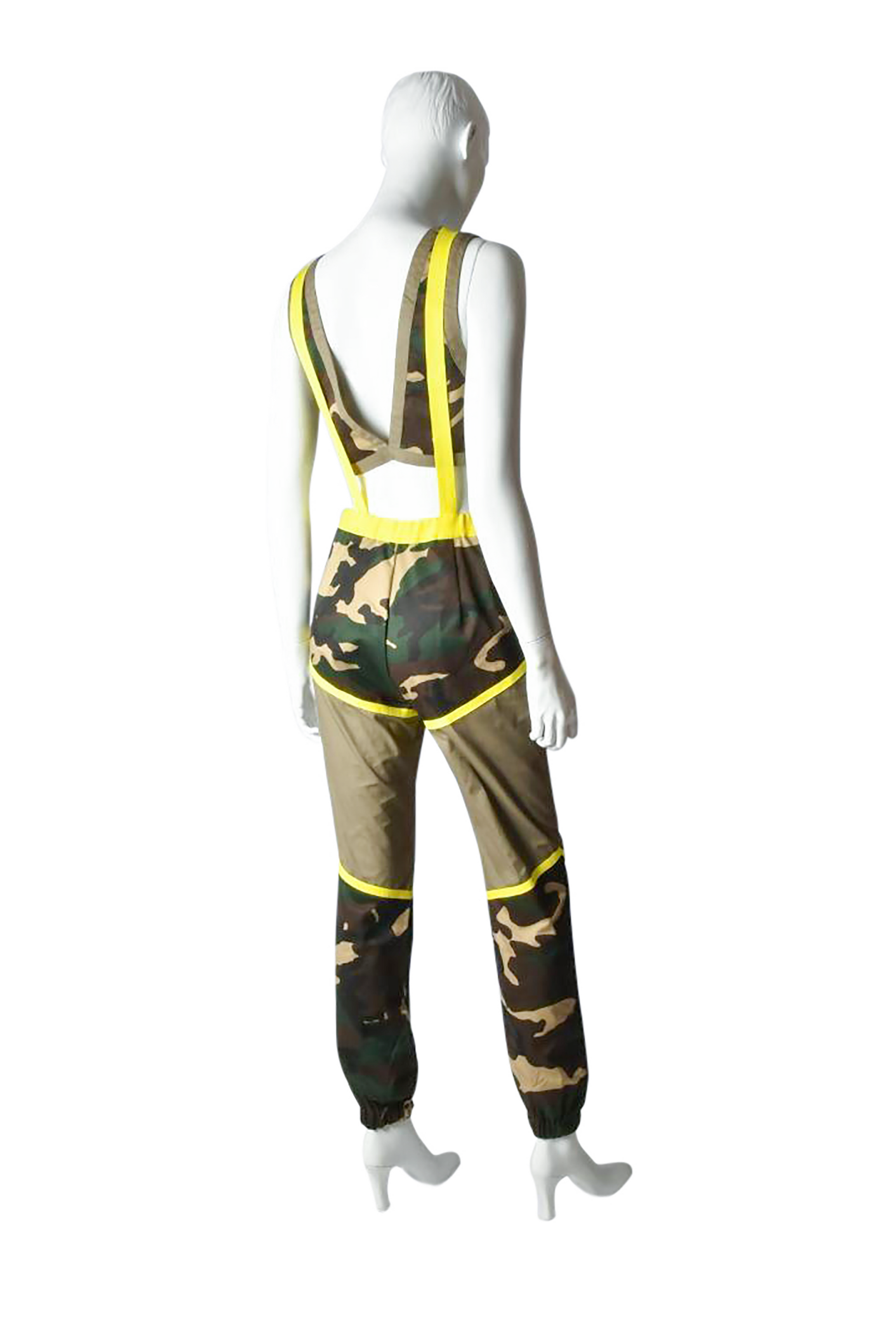 Camo Print Jumpsuit  With Neon Yellow Zip Front Top, Spandex Belt and Elastic Pants Foot 
