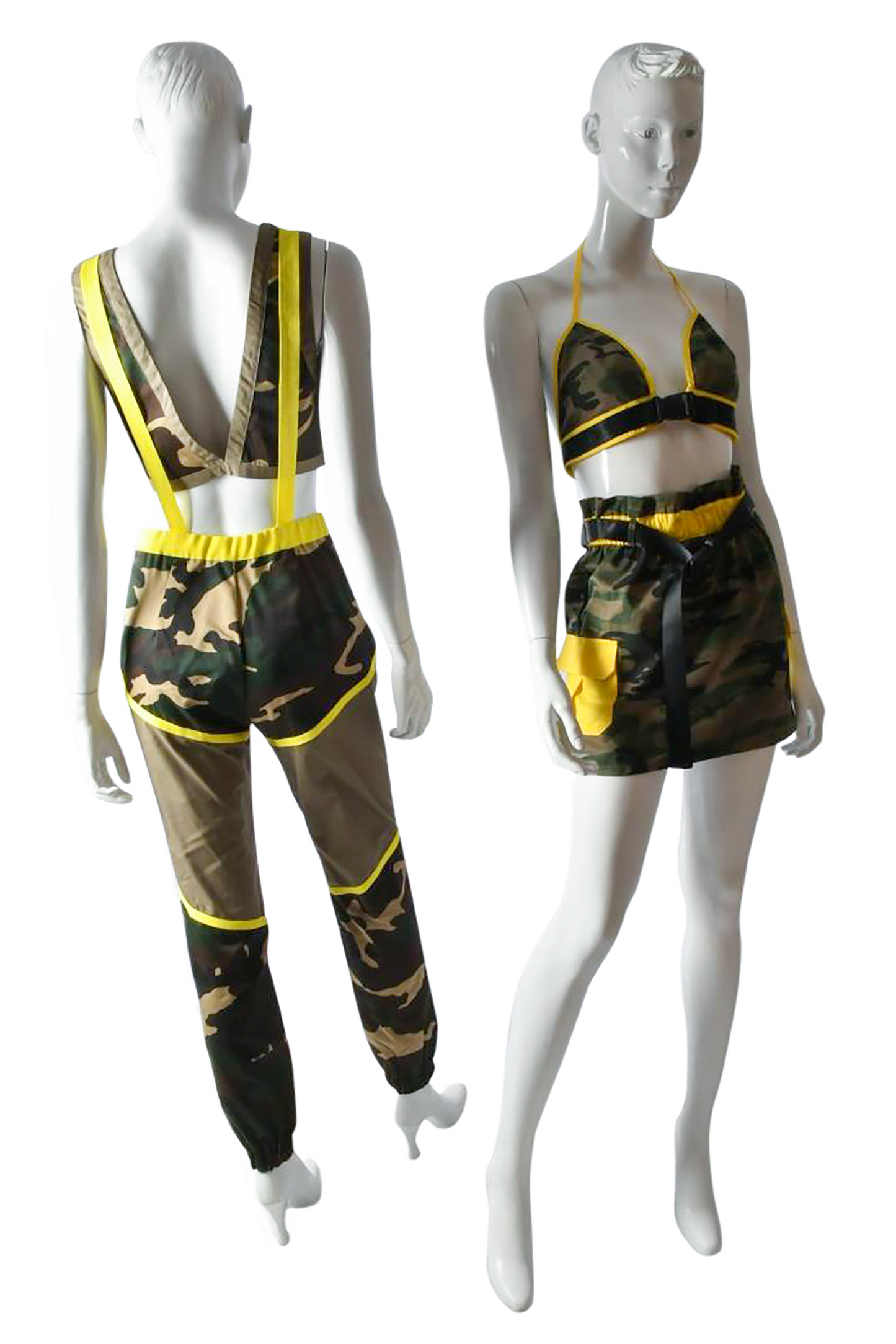 Camo Matching Set Halter Top Mini Skirt W/Side Neon Yellow Pocket  Neon Yellow Belt