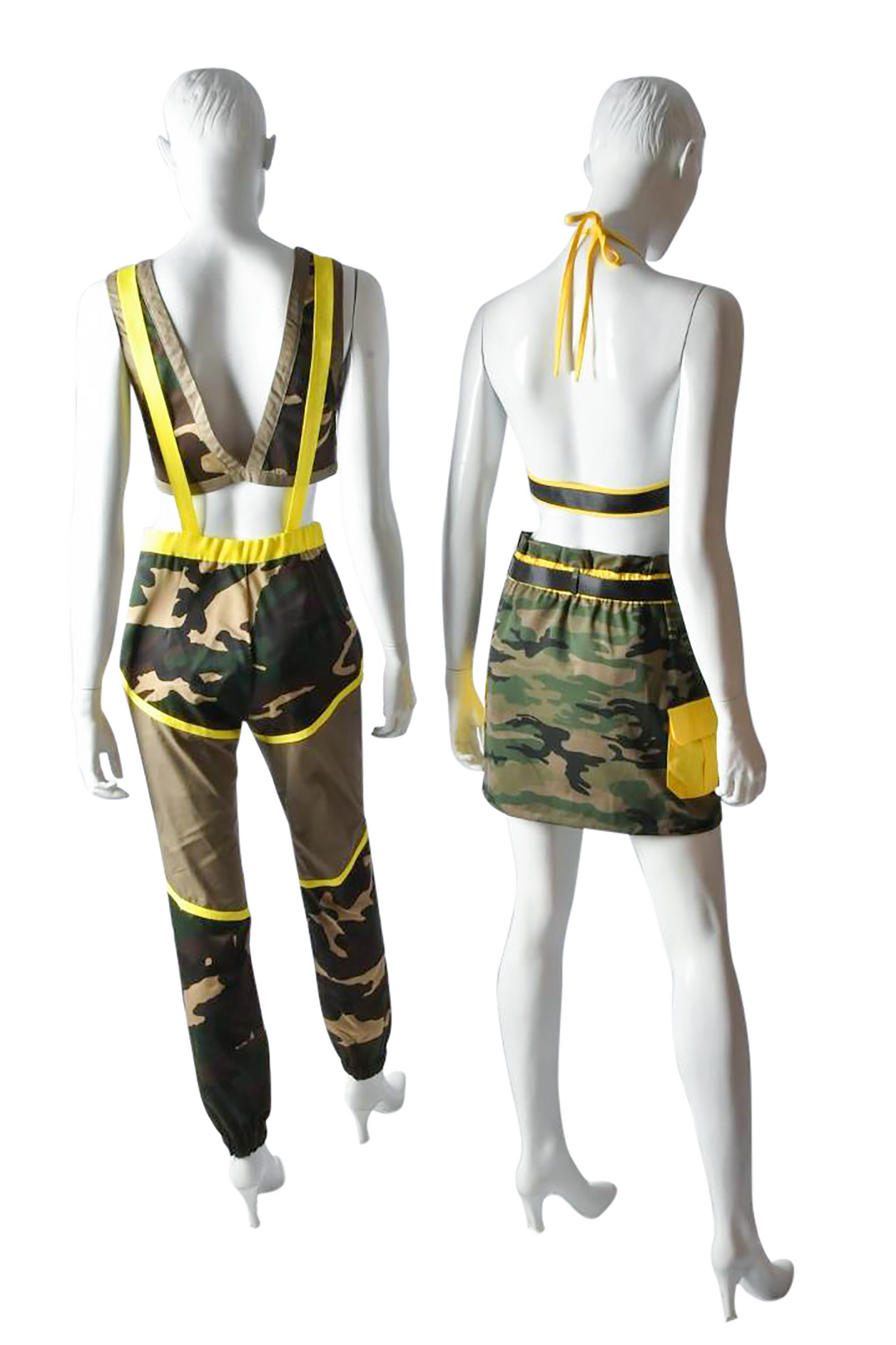 Camo Print Jumpsuit  With Neon Yellow Zip Front Top, Spandex Belt and Elastic Pants Foot 
