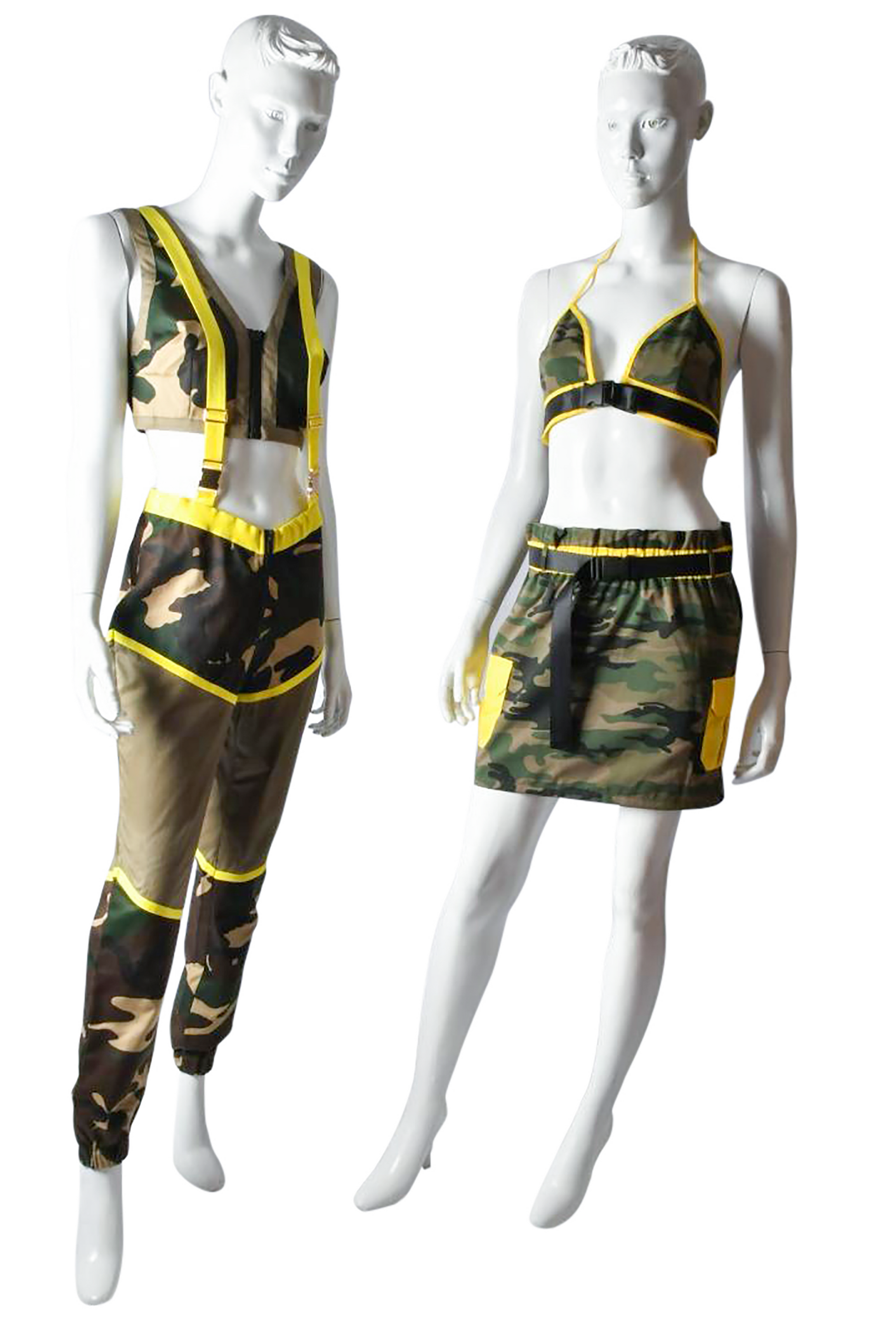 Camo Matching Set Halter Top Mini Skirt W/Side Neon Yellow Pocket  Neon Yellow Belt
