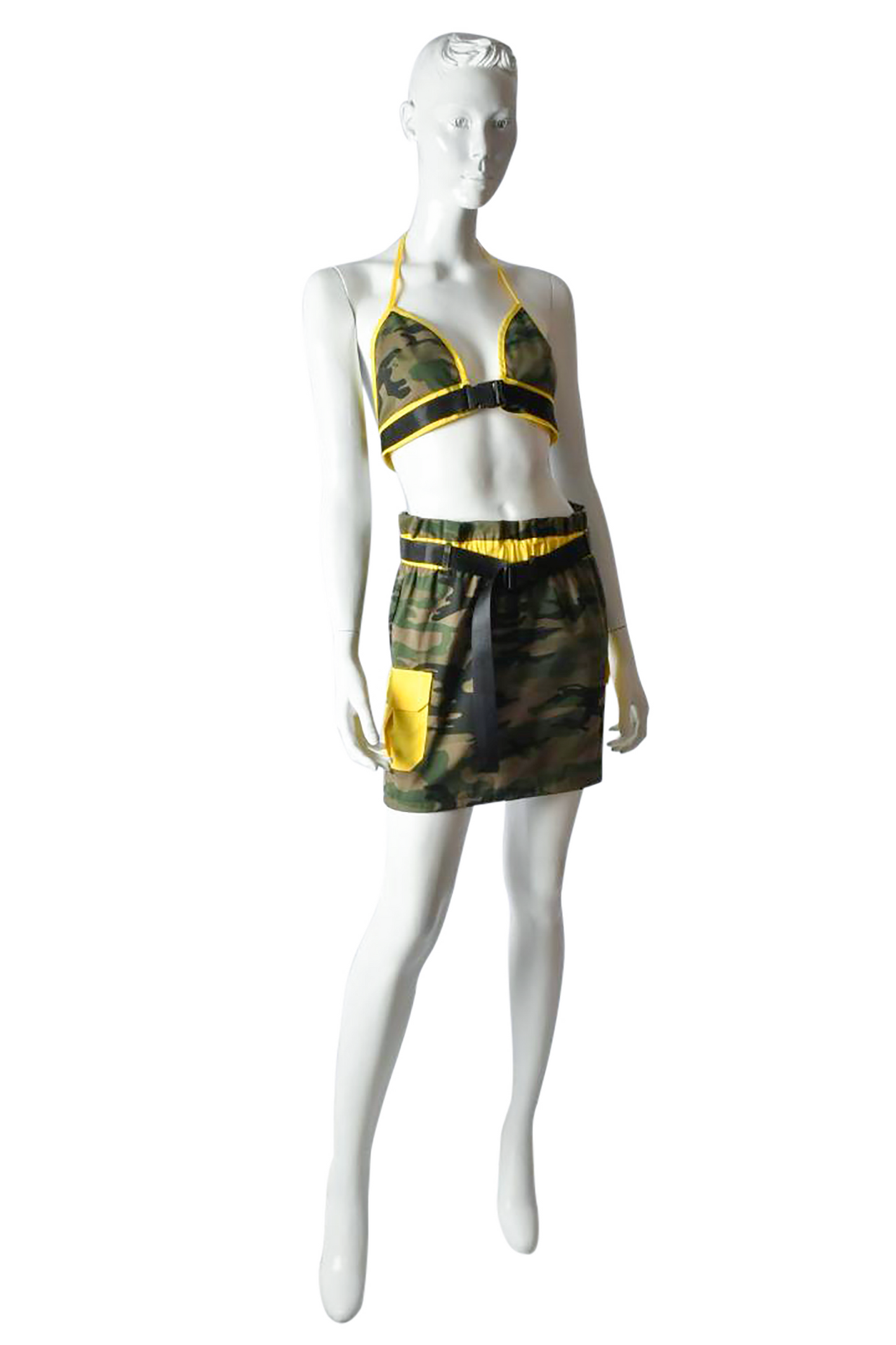 Camo Matching Set Halter Top Mini Skirt W/Side Neon Yellow Pocket  Neon Yellow Belt 