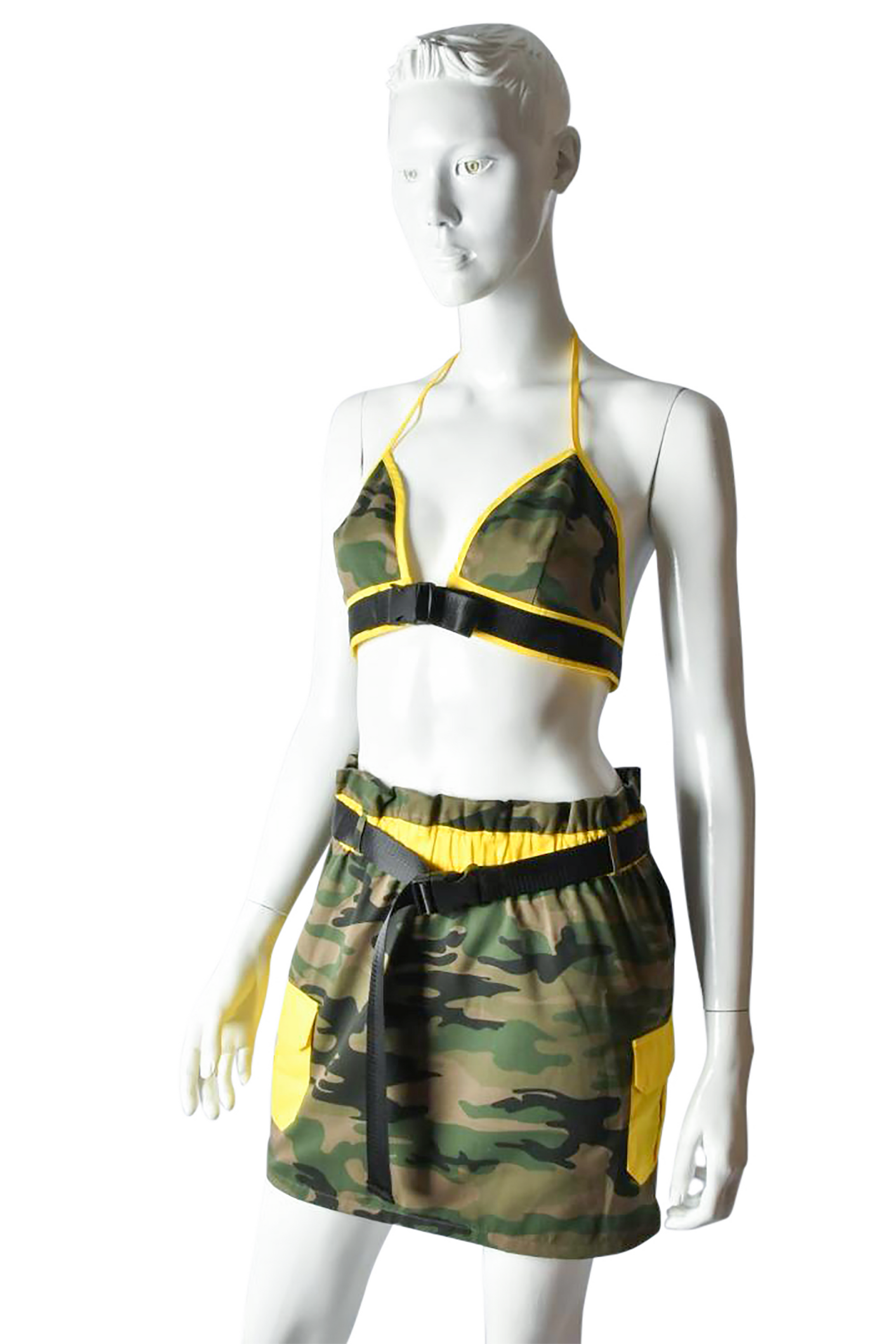 Camo Matching Set Halter Top Mini Skirt W/Side Neon Yellow Pocket  Neon Yellow Belt