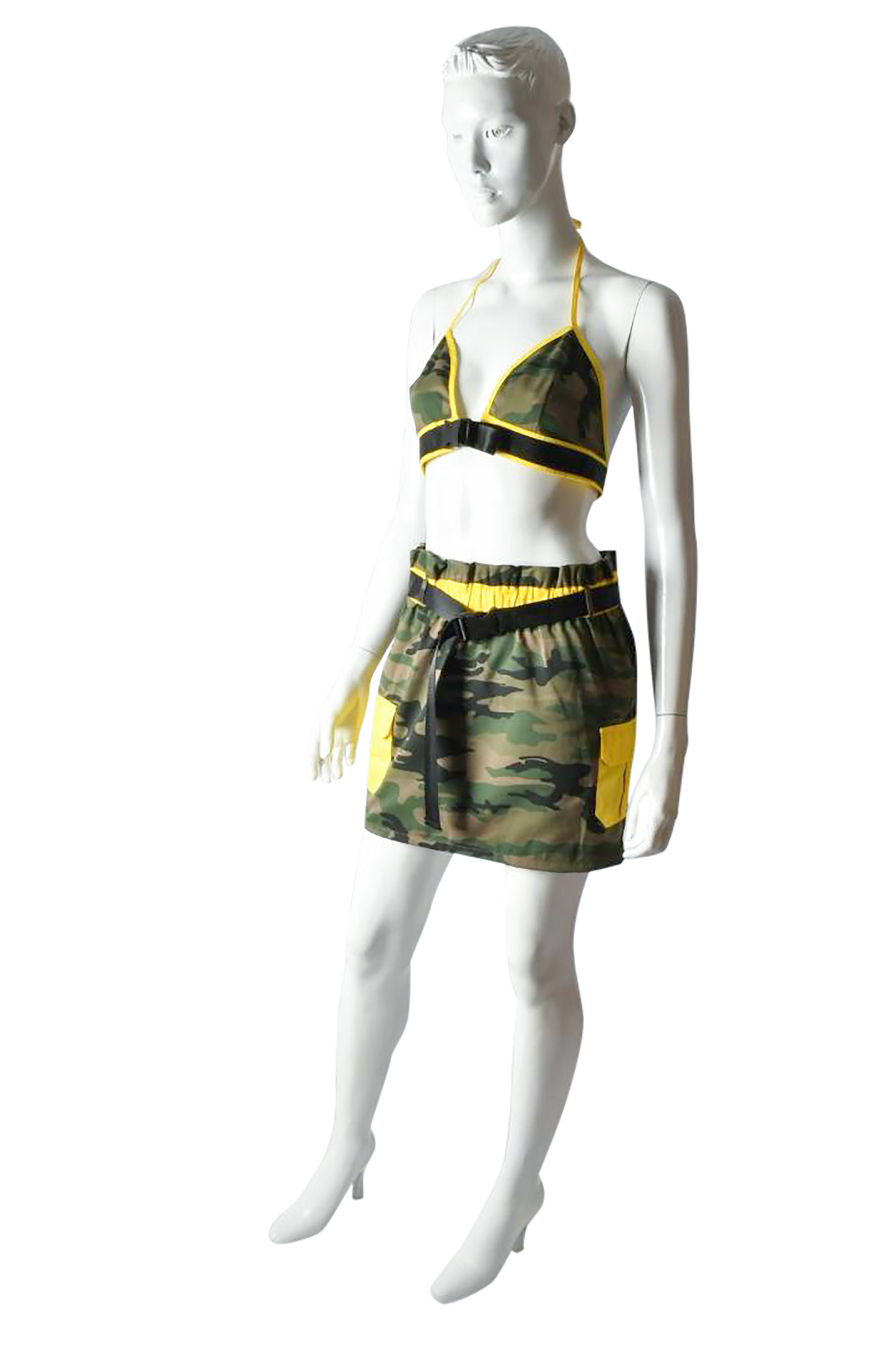 Camo Matching Set Halter Top Mini Skirt W/Side Neon Yellow Pocket  Neon Yellow Belt