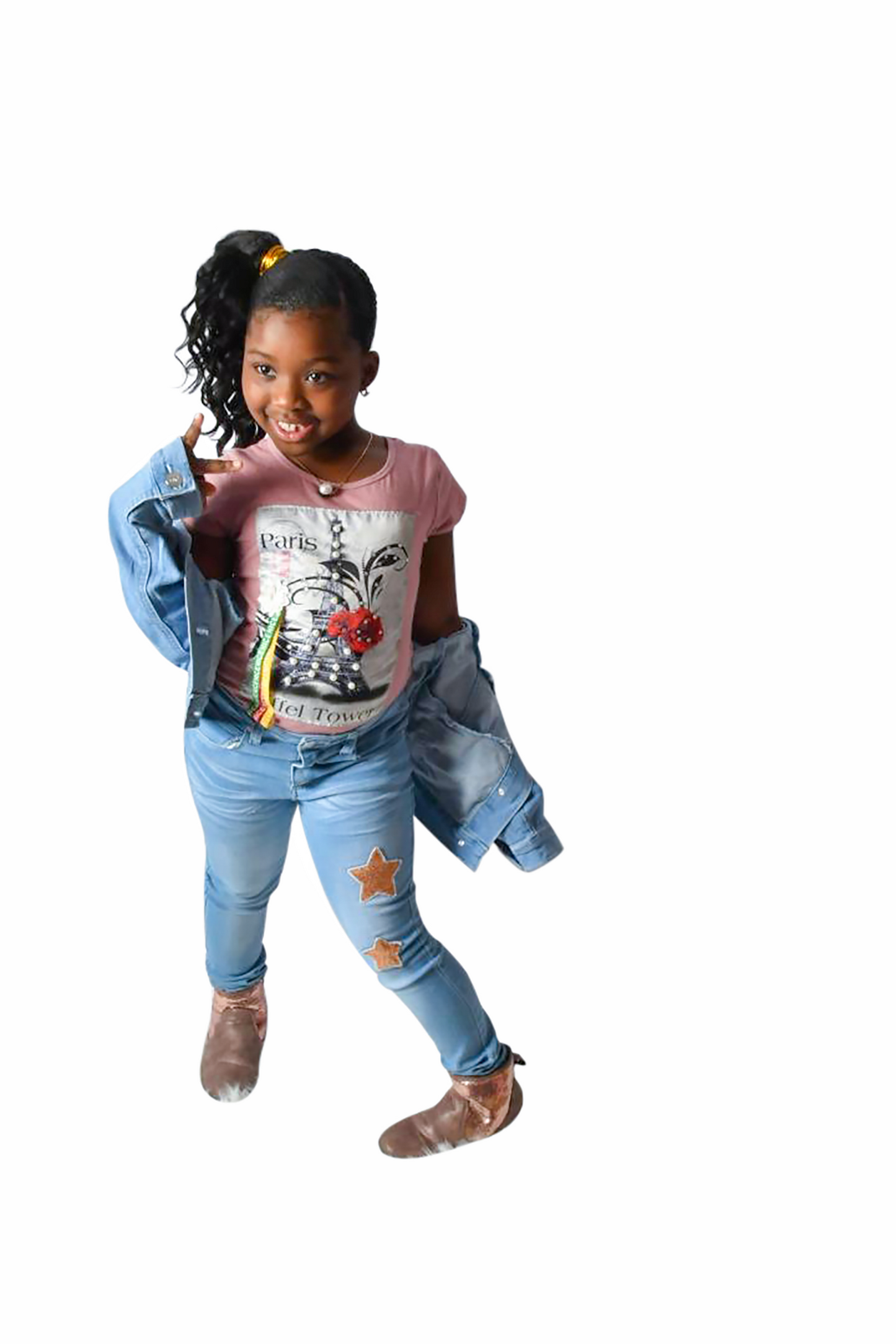 Denim Jeans, Stretch, Star Sequins Patches, Zip Fly With Single-Button Closure, Ice Blue