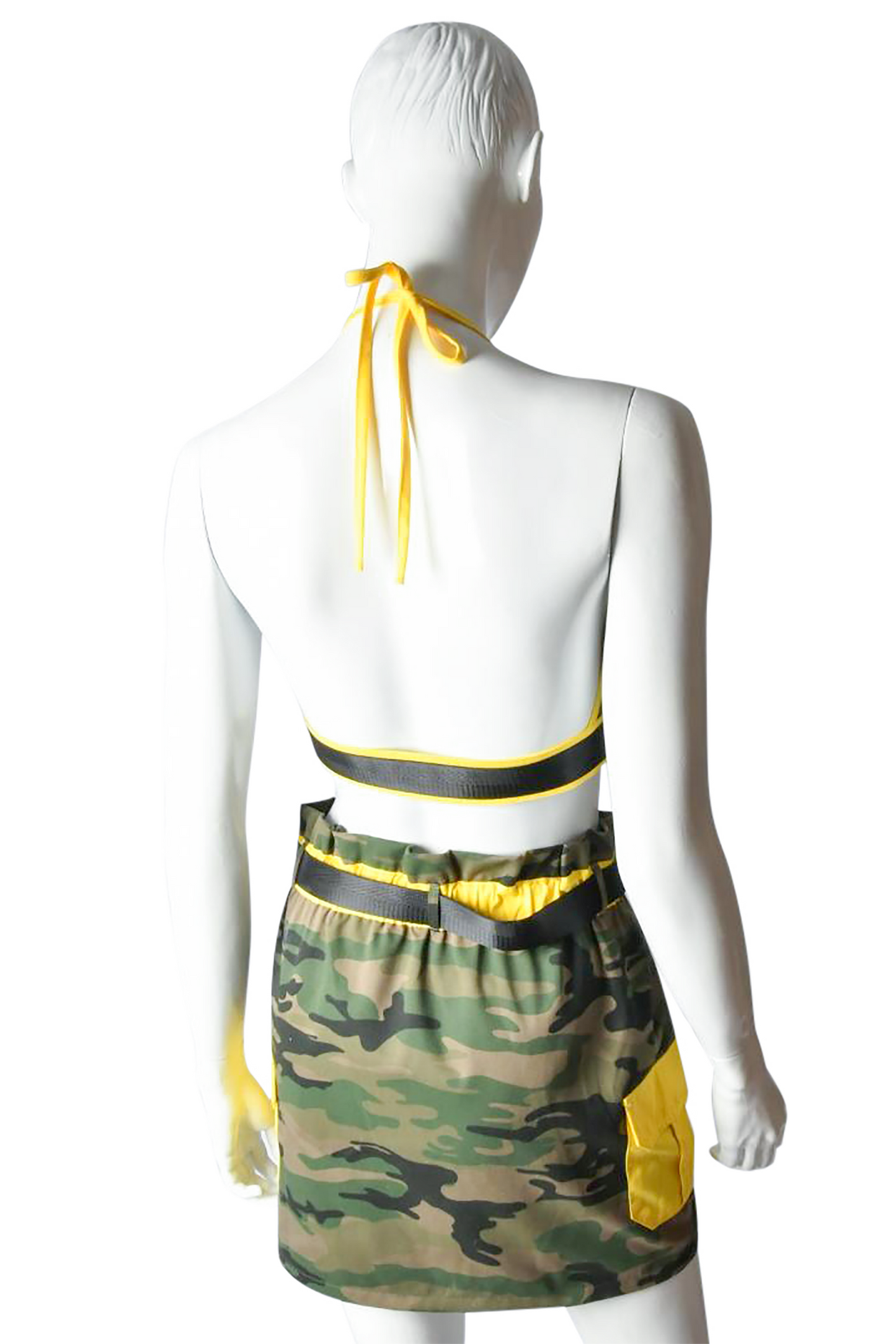 Camo Matching Set Halter Top Mini Skirt W/Side Neon Yellow Pocket  Neon Yellow Belt