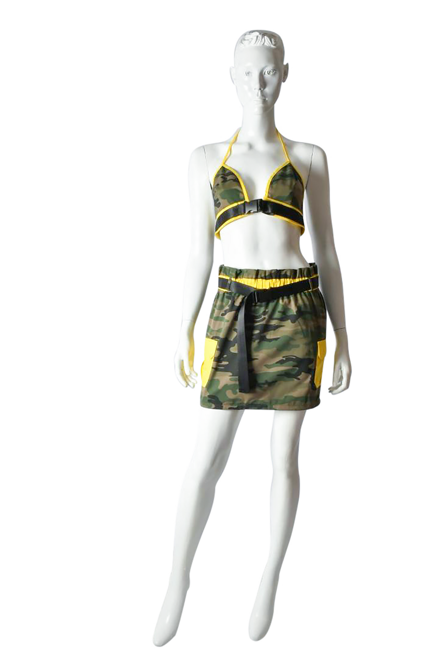 Camo Matching Set Halter Top Mini Skirt W/Side Neon Yellow Pocket  Neon Yellow Belt