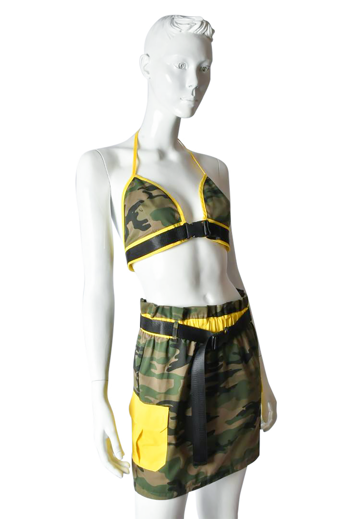 Camo Matching Set Halter Top Mini Skirt W/Side Neon Yellow Pocket  Neon Yellow Belt