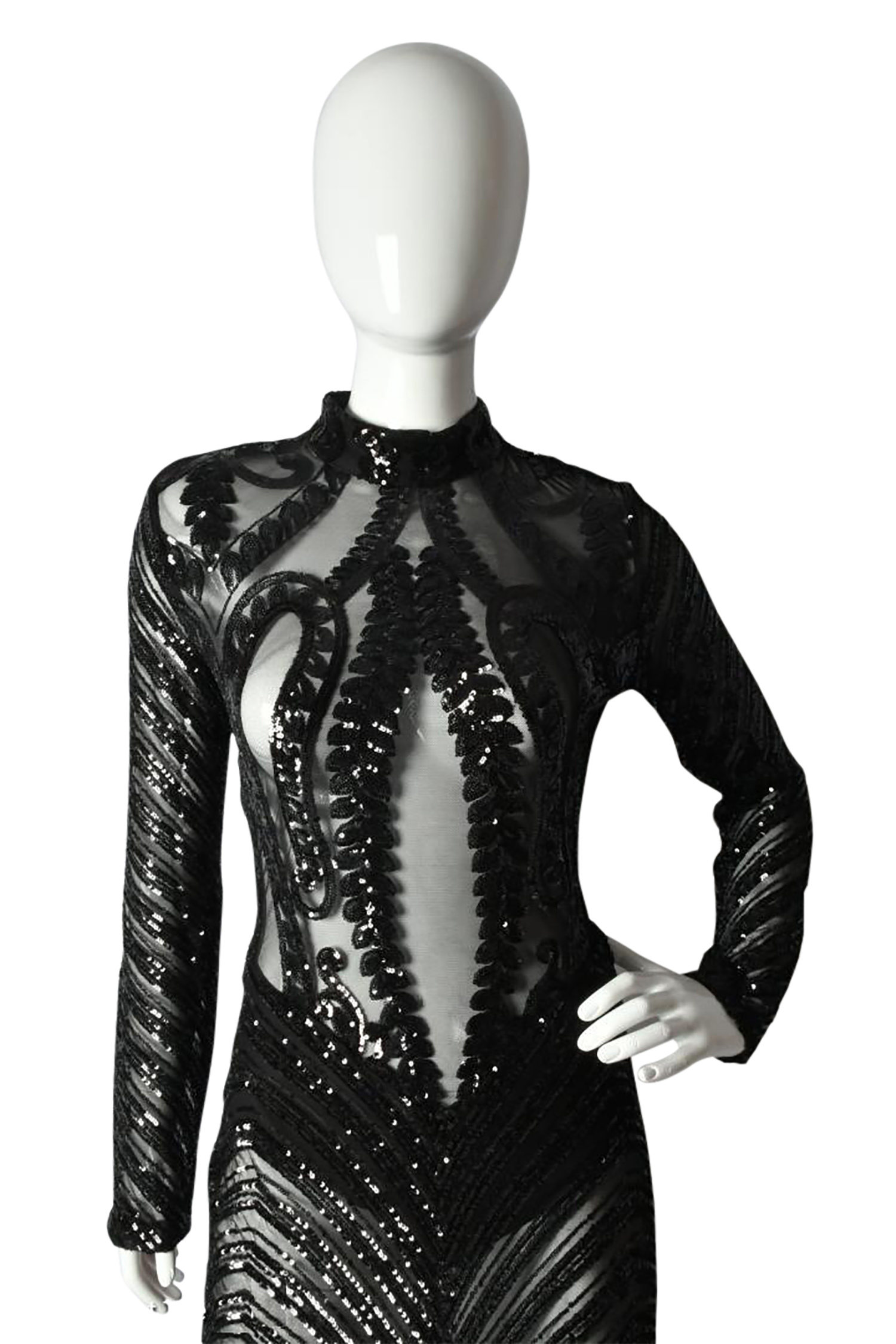 Sequin Long Dress ﻿Chocker Neck Long Sleeve Open Back Black Gown