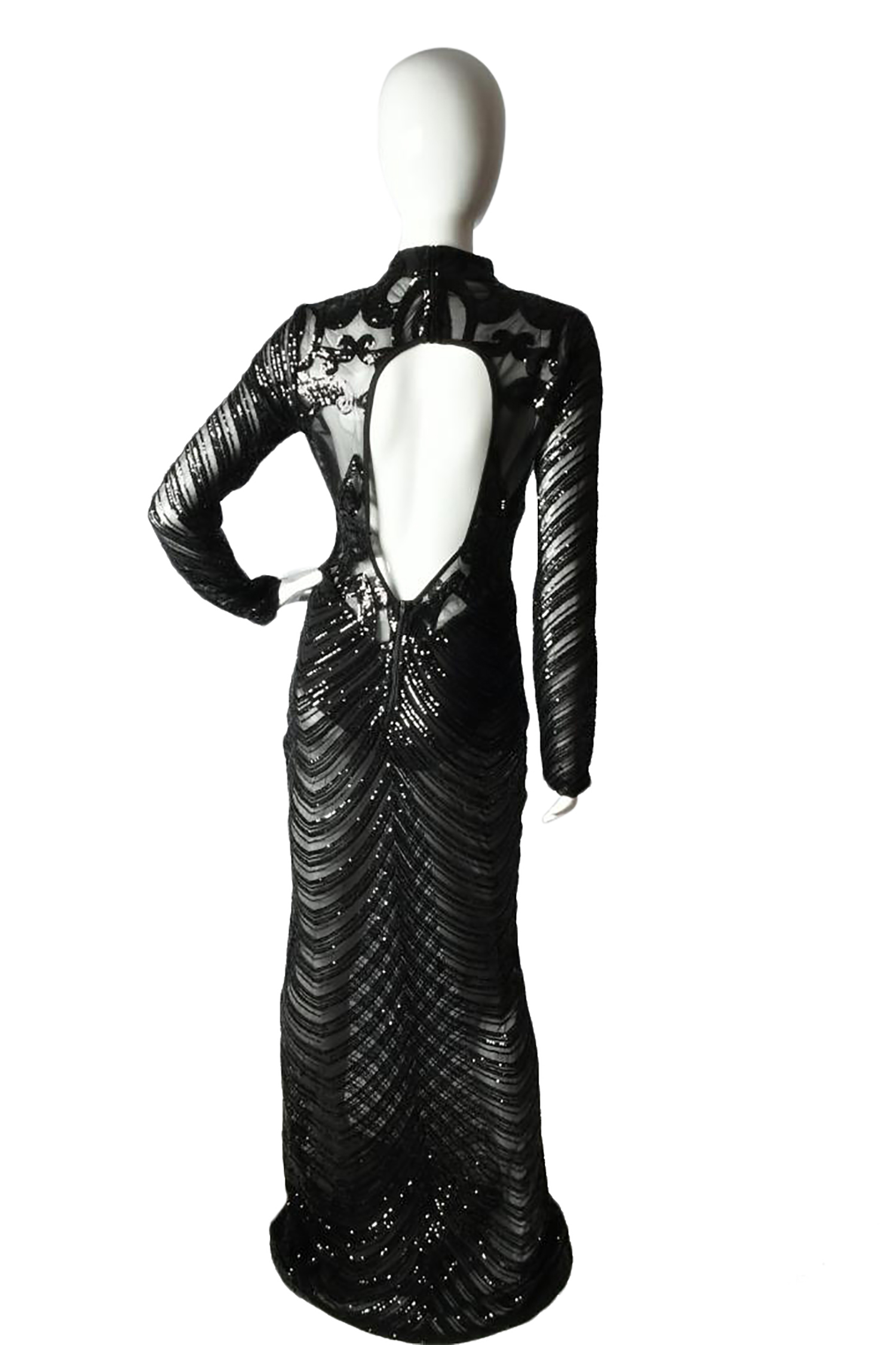Sequin Long Dress ﻿Chocker Neck Long Sleeve Open Back Black Gown