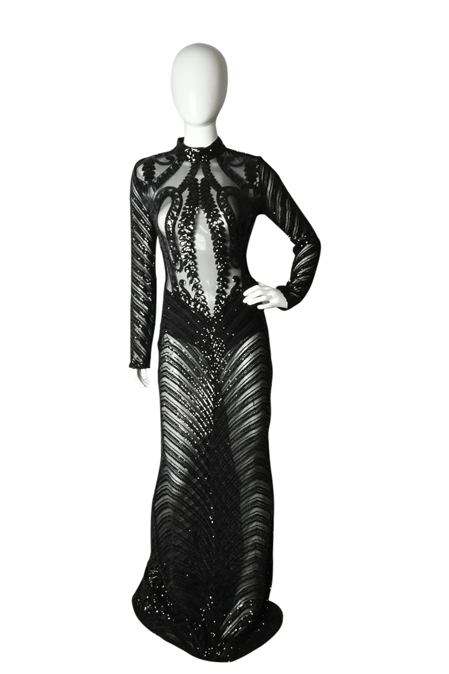 Sequin Long Dress ﻿Chocker Neck Long Sleeve Open Back Black Gown