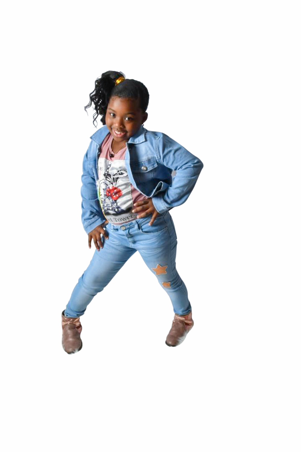 Denim Jeans, Stretch, Star Sequins Patches, Zip Fly With Single-Button Closure, Ice Blue