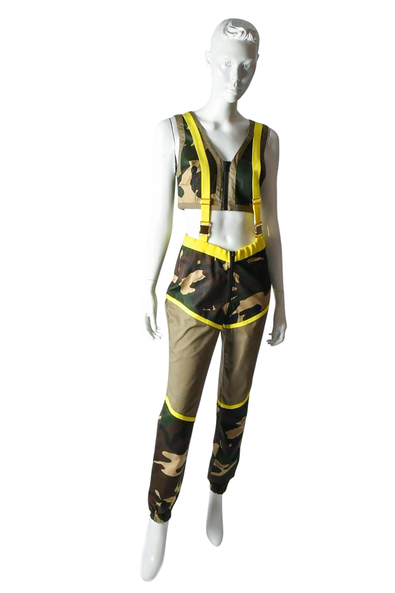 Camo Print Jumpsuit  With Neon Yellow Zip Front Top, Spandex Belt and Elastic Pants Foot 