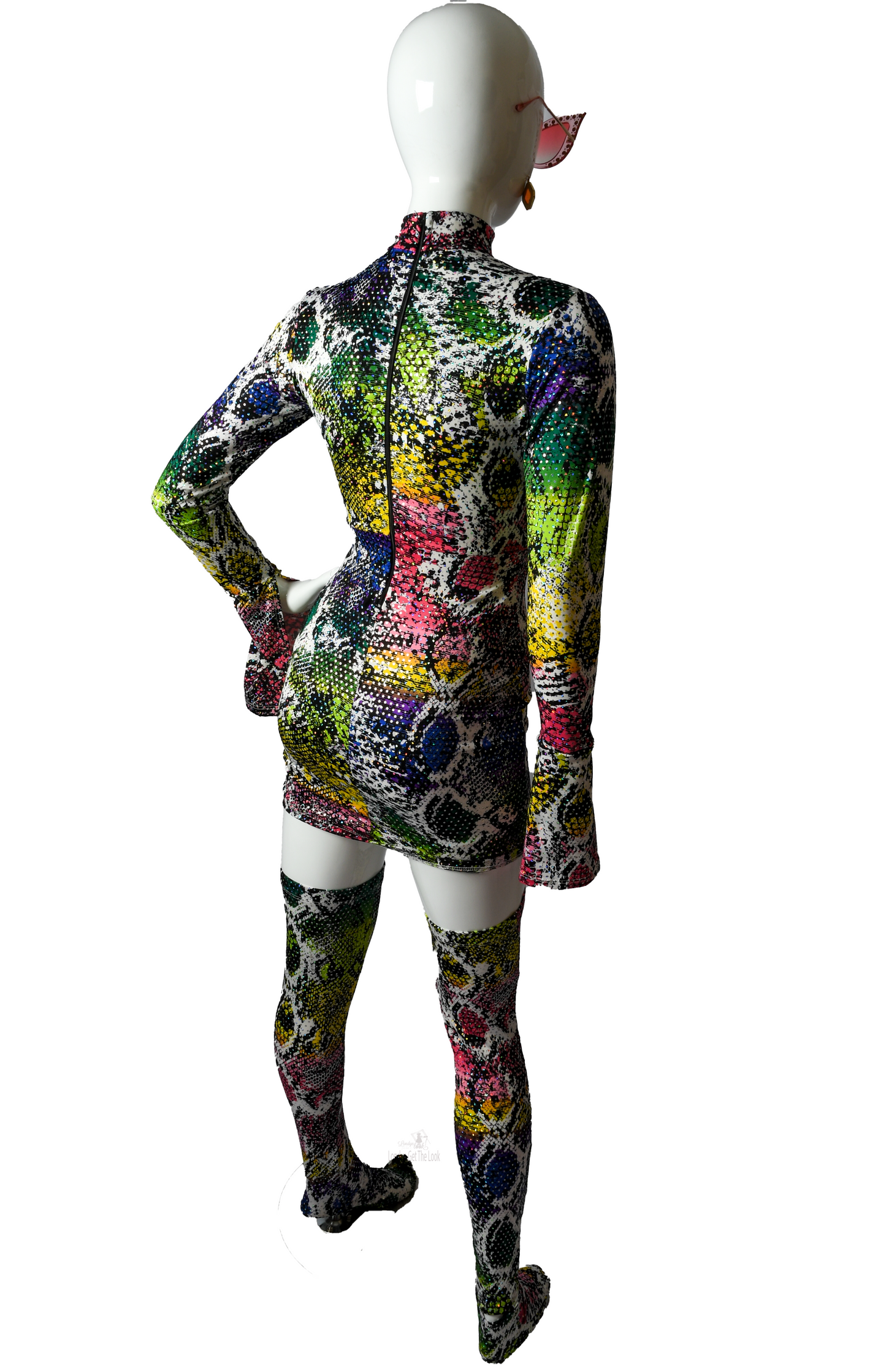 mini dress pair with thigh high socks set bodycon look features a mock-neckline sexy cutout front design, long sleeve, back zipper closure